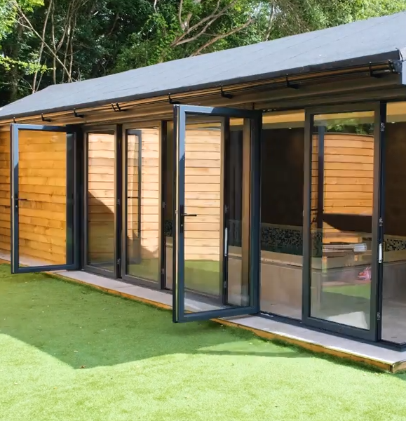 A series of slide and stack doors neatly arranged, showcasing their versatility in space-saving and contemporary design