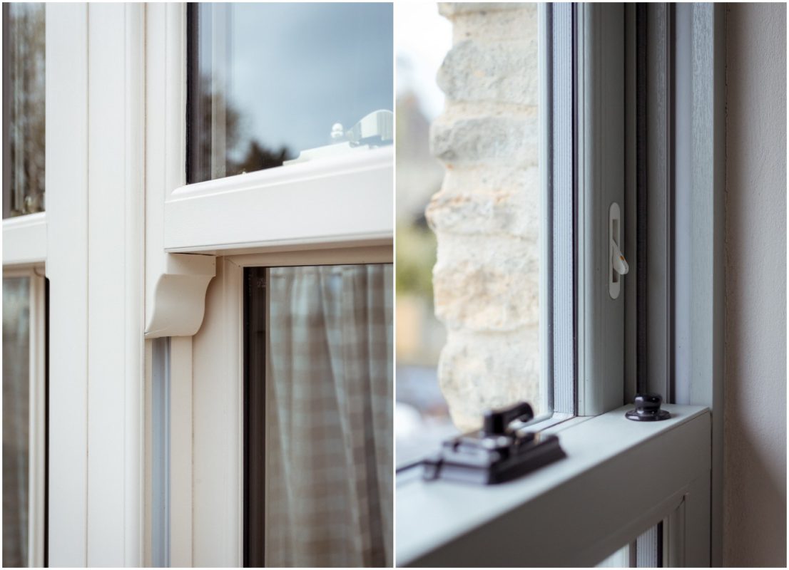 Classic British sash windows retrofitted with double glazing for improved thermal performance and sound insulation.