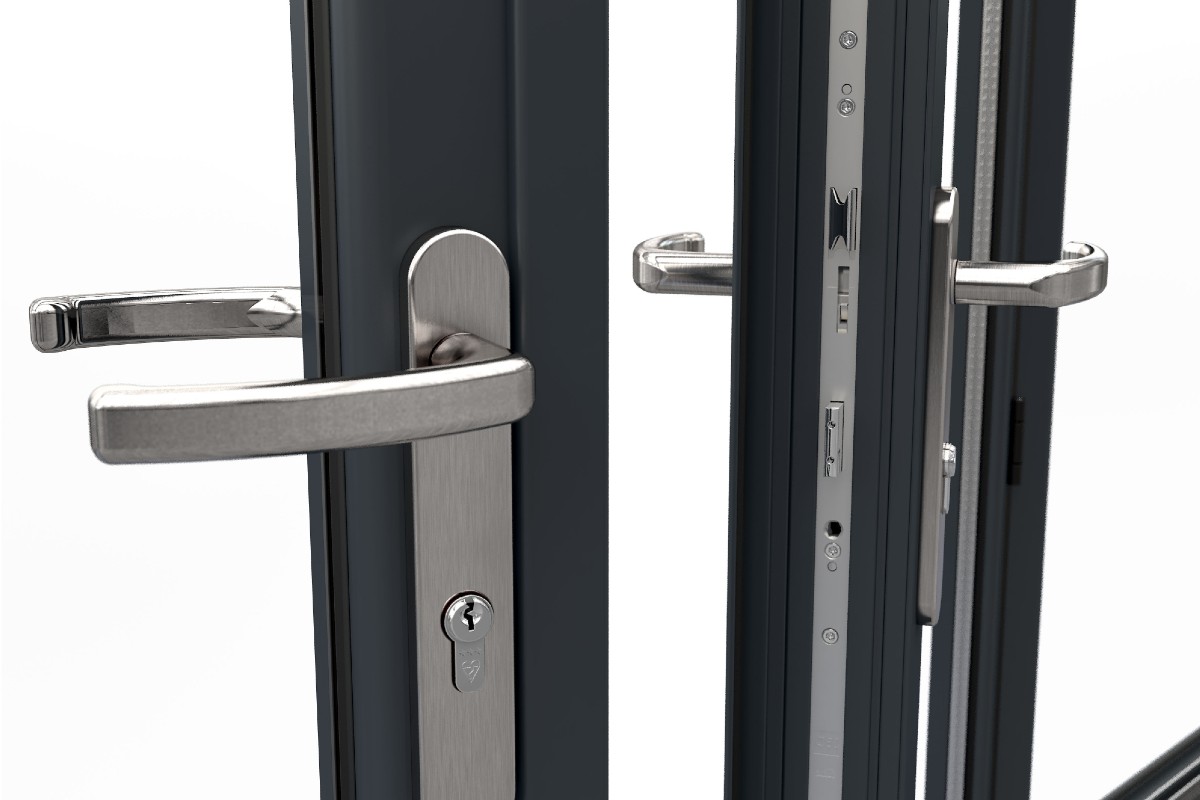 Close-up of bifold door handles and locks